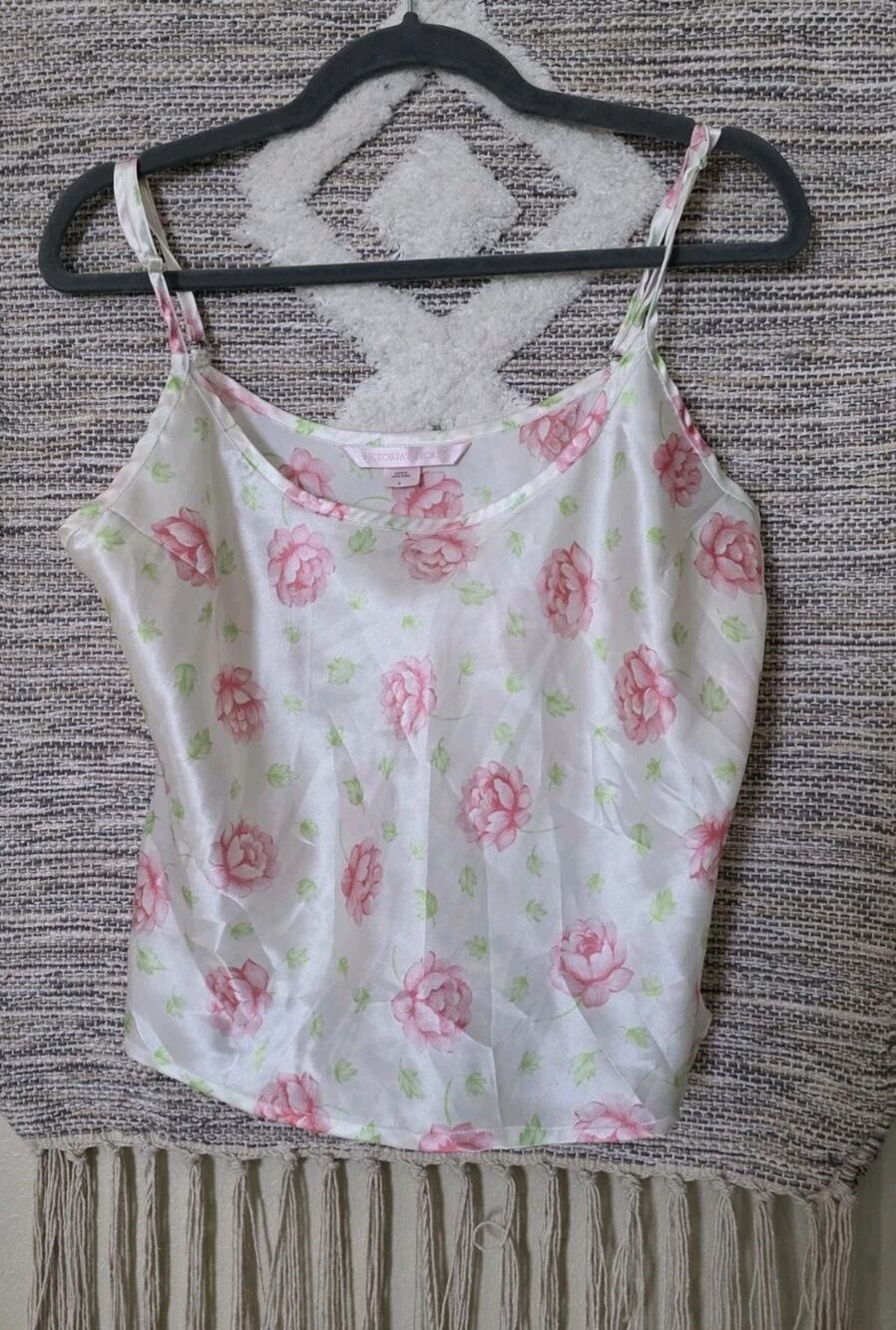 Victoria's Secret Pink Rose Floral Satin Cami Tank Top Cottagecore Size L